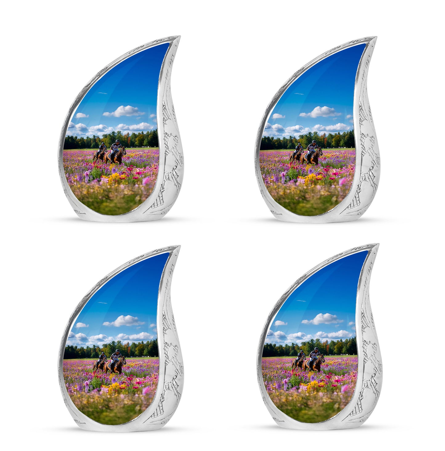 Misty Blue Horse Polo Cremation Urn close-up of engraving and surface detail - rounded teardrop horse polo design with delicate detail - 10 inch aluminum urn for cremated remains