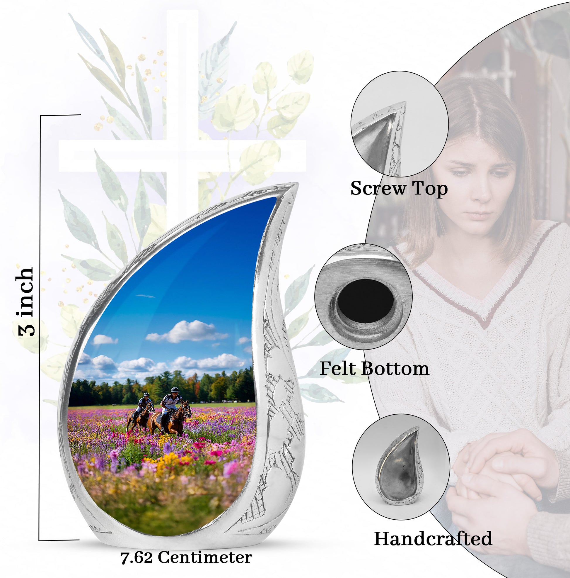 Calming Blue Horse Polo Cremation Urn angled view of lid and engraved motif - graceful tear-shaped urn with horse polo motif - mini keepsake memorial for portion of cremation ashes