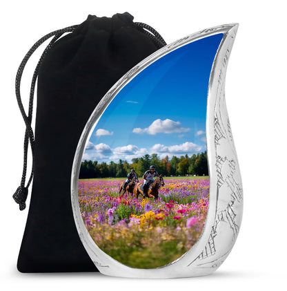 Royal Blue Horse Polo Cremation Urn front view showing detailed design - smooth teardrop contour featuring horse polo art - full-size 10 inch 200 cubic inch adult cremation urn