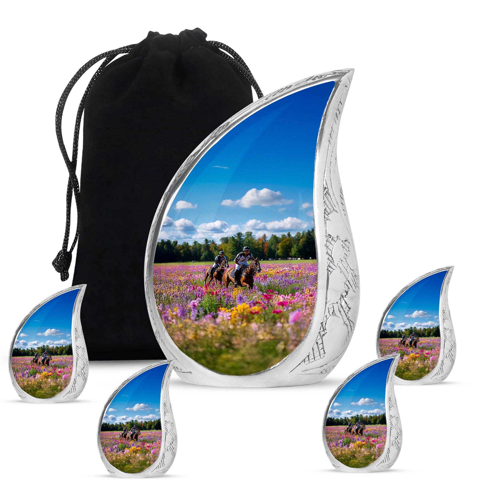 Pastel Blue Horse Polo Cremation Urn side profile showing urn shape - flowing teardrop horse polo silhouette on curved aluminum - memorial set with one large and four small urns
