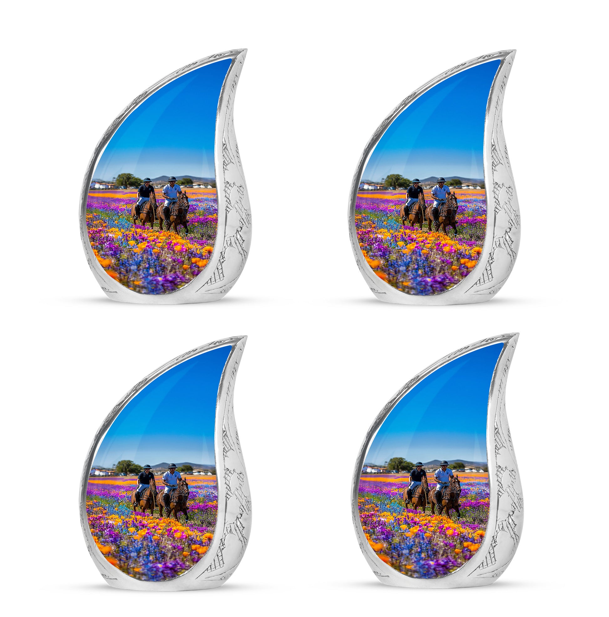 Powder Blue Horse Polo Cremation Urn close-up of engraving and surface detail - flowing teardrop horse polo silhouette on curved aluminum - 10 inch aluminum urn for cremated remains