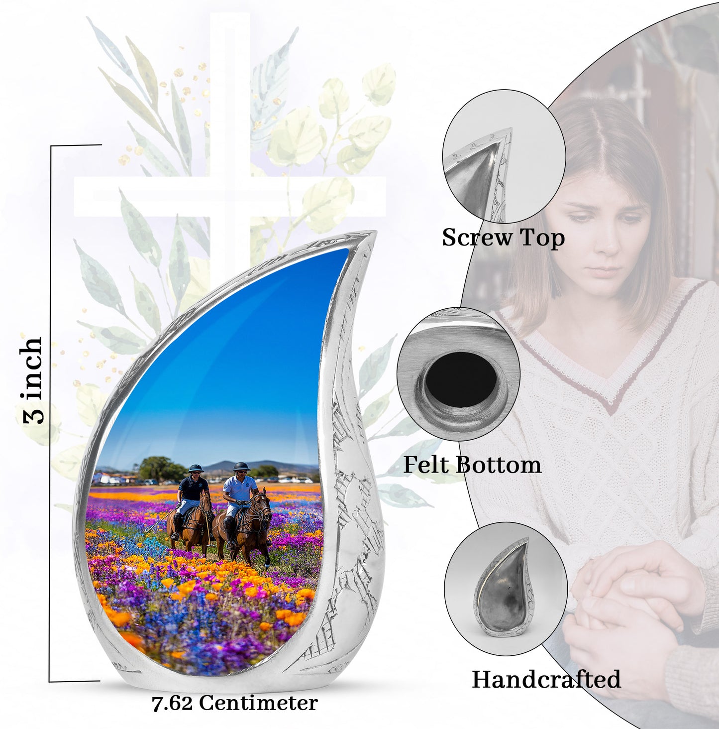 Vivid Blue Horse Polo Cremation Urn angled view of lid and engraved motif - graceful tear-shaped urn with horse polo motif - mini keepsake memorial for portion of cremation ashes