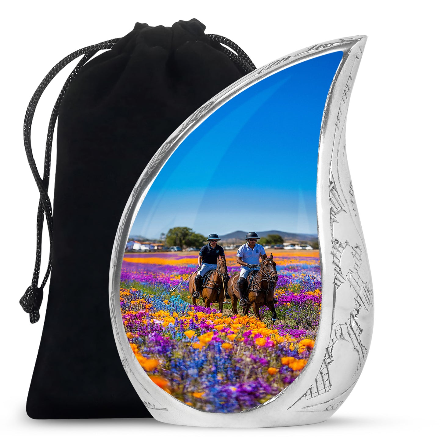 Twilight Blue Horse Polo Cremation Urn front view showing detailed design - smooth teardrop contour featuring horse polo art - full-size 10 inch 200 cubic inch adult cremation urn