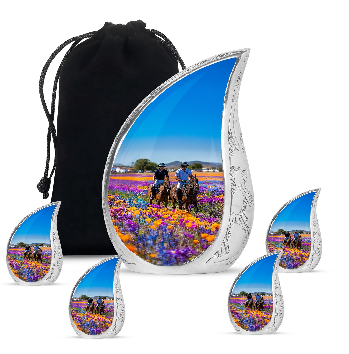 Navy Blue Horse Polo Cremation Urn side profile showing urn shape - flowing teardrop horse polo silhouette on curved aluminum - memorial set with one large and four small urns