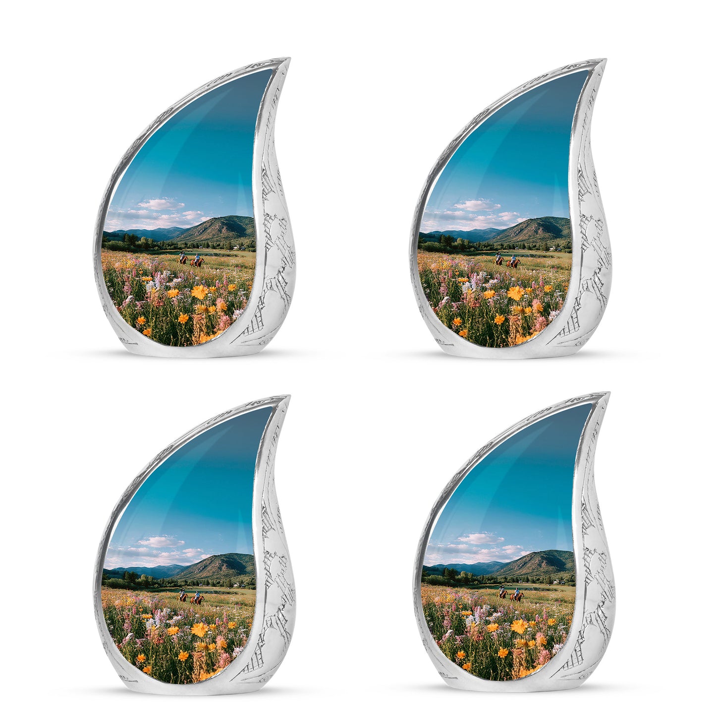 Indigo Horse Polo Cremation Urn close-up of engraving and surface detail - rounded teardrop horse polo design with delicate detail - 10 inch aluminum urn for cremated remains