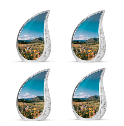 Indigo Horse Polo Cremation Urn close-up of engraving and surface detail - rounded teardrop horse polo design with delicate detail - 10 inch aluminum urn for cremated remains