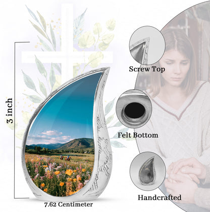 Sky Blue Horse Polo Cremation Urn angled view of lid and engraved motif - rounded teardrop horse polo design with delicate detail - mini keepsake memorial for portion of cremation ashes