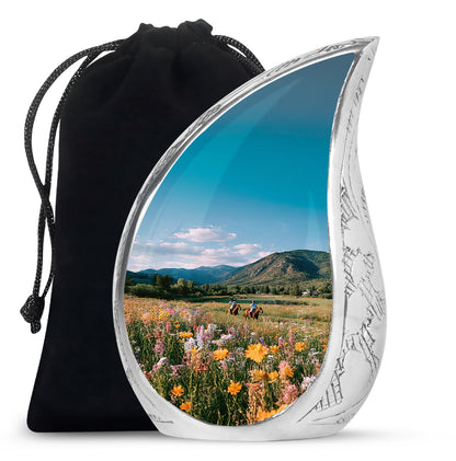 Twilight Blue Horse Polo Cremation Urn front view showing detailed design - graceful tear-shaped urn with horse polo motif - full-size 10 inch 200 cubic inch adult cremation urn