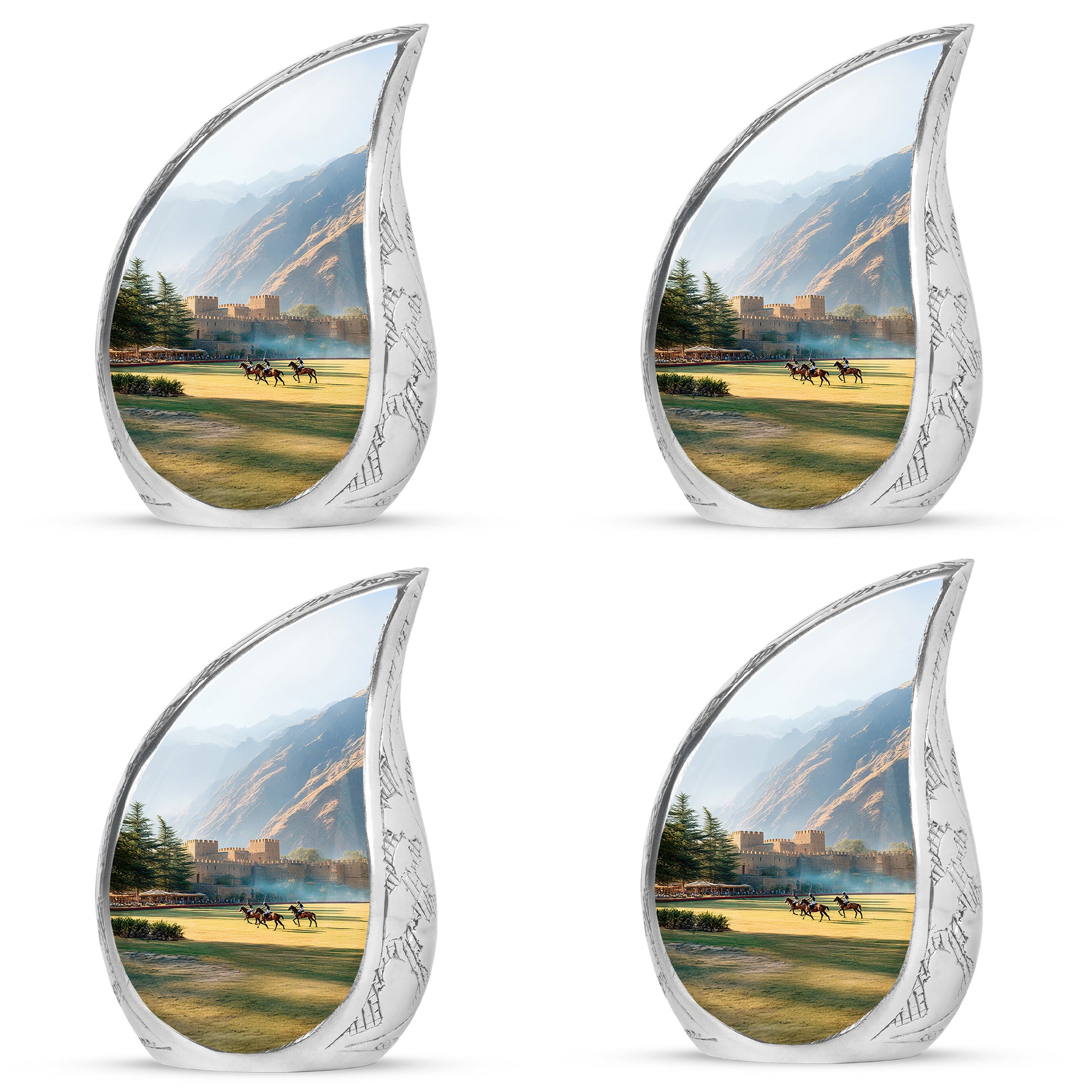 Frosted Silver Horse Polo Cremation Urn close-up of engraving and surface detail - smooth teardrop contour featuring horse polo art - 10 inch aluminum urn for cremated remains