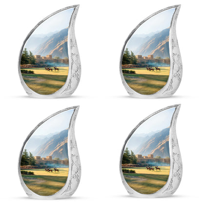Frosted Silver Horse Polo Cremation Urn close-up of engraving and surface detail - smooth teardrop contour featuring horse polo art - 10 inch aluminum urn for cremated remains