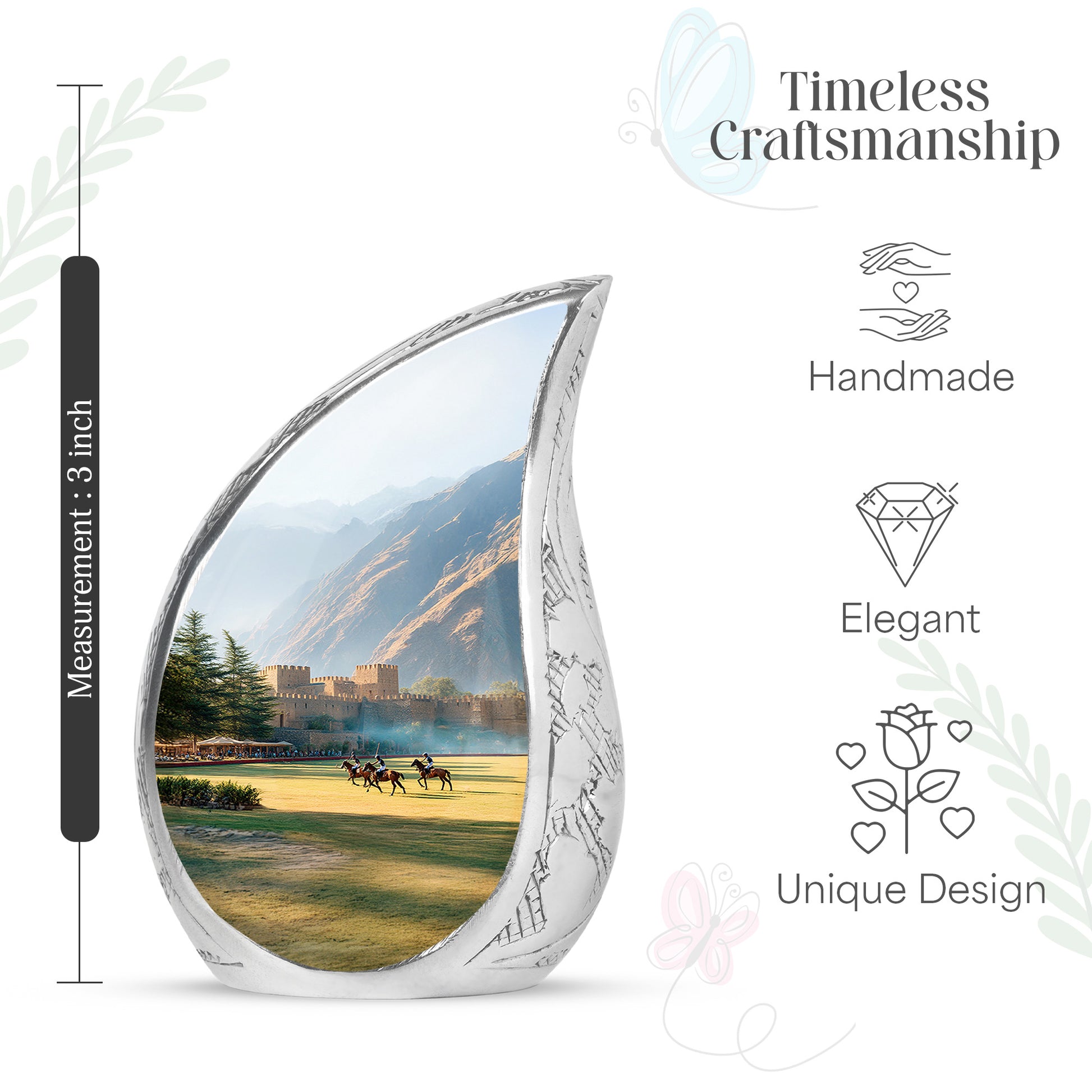 Frosted Silver Horse Polo Cremation Urn angled view of lid and engraved motif - smooth teardrop contour featuring horse polo art - mini keepsake memorial for portion of cremation ashes
