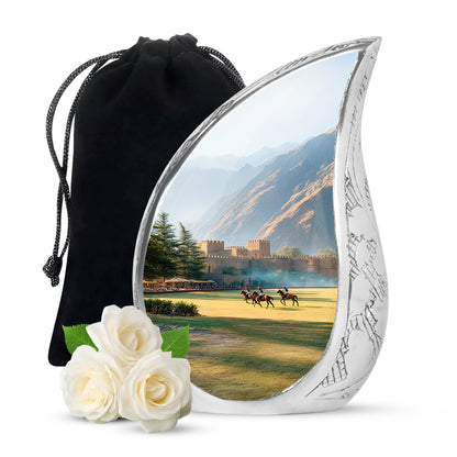 Antique Silver Horse Polo Cremation Urn front view showing detailed design - graceful tear-shaped urn with horse polo motif - full-size 10 inch 200 cubic inch adult cremation urn