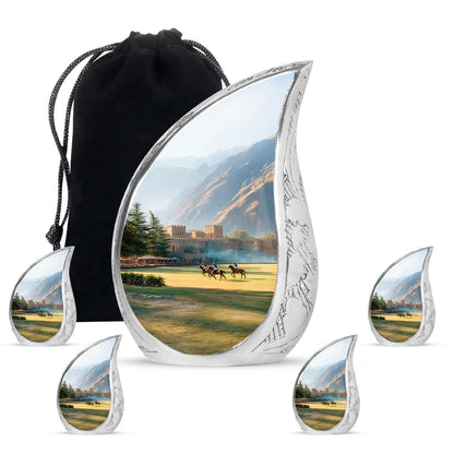 Antique Silver Horse Polo Cremation Urn side profile showing urn shape - graceful tear-shaped urn with horse polo motif - memorial set with one large and four small urns