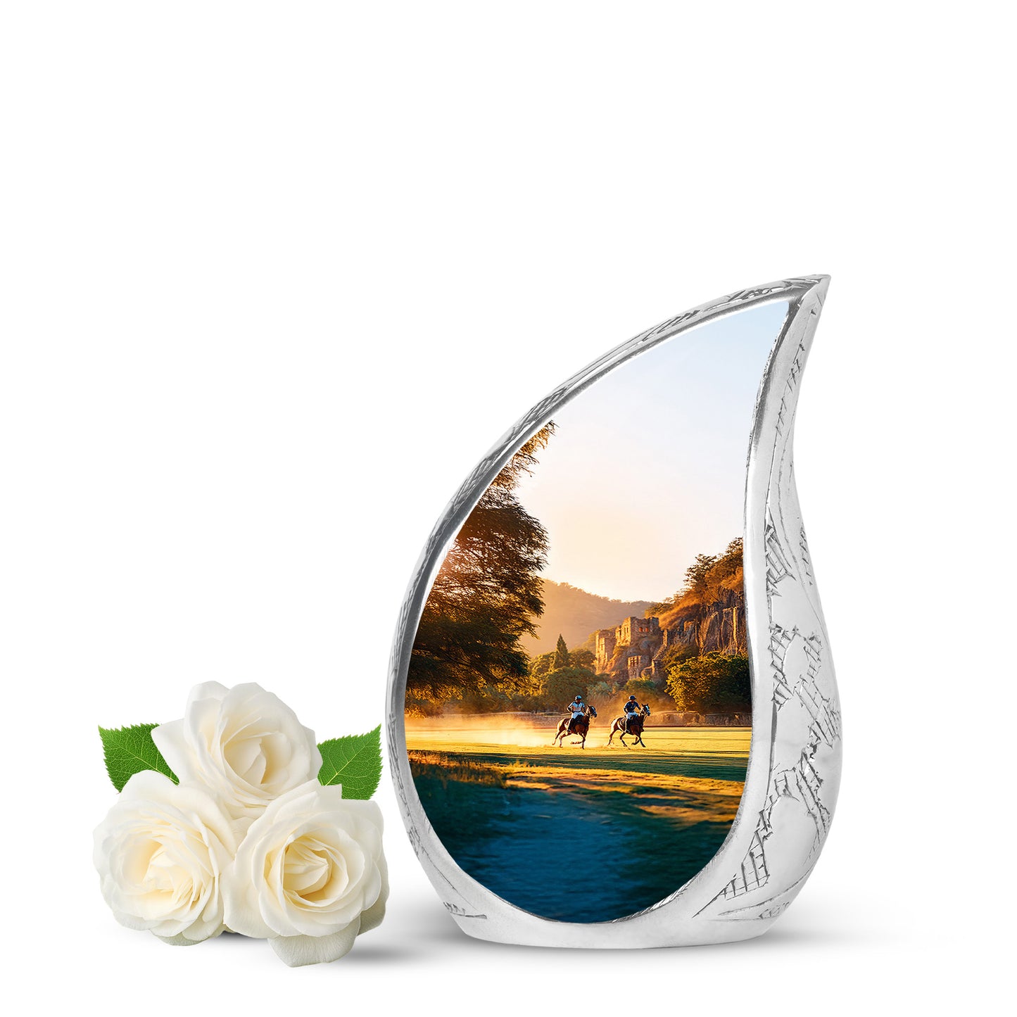 Personalized Gold Steadfast Horse Polo Cremation Urns for Human Ashes - 10-inch, 200 cu in - Yatskia