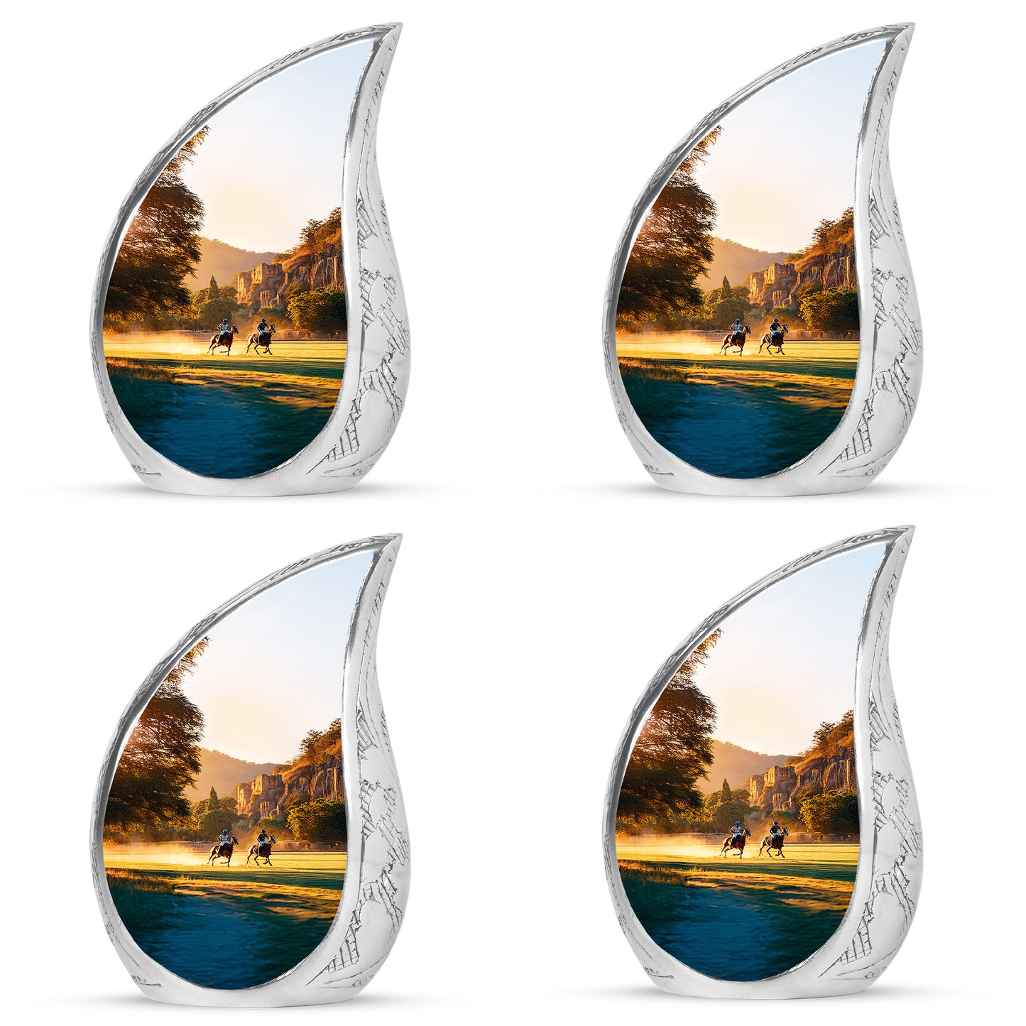 Champagne Gold Horse Polo Cremation Urn close-up of engraving and surface detail - flowing teardrop horse polo silhouette on curved aluminum - 10 inch aluminum urn for cremated remains