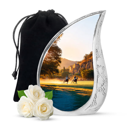 Antique Gold Horse Polo Cremation Urn front view showing detailed design - flowing teardrop horse polo silhouette on curved aluminum - full-size 10 inch 200 cubic inch adult cremation urn