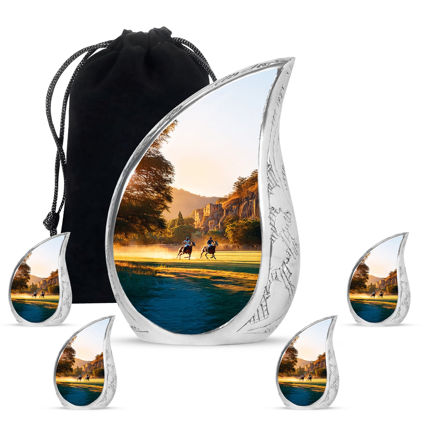 Antique Gold Horse Polo Cremation Urn side profile showing urn shape - flowing teardrop horse polo silhouette on curved aluminum - memorial set with one large and four small urns