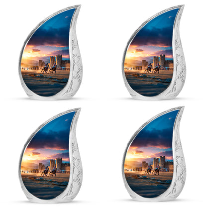 Storm Gray Horse Polo Cremation Urn close-up of engraving and surface detail - smooth teardrop contour featuring horse polo art - 10 inch aluminum urn for cremated remains