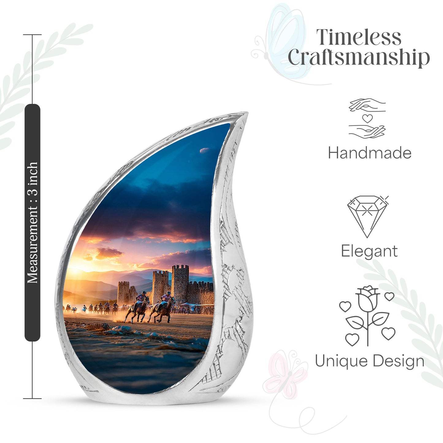 Ash Gray Horse Polo Cremation Urn angled view of lid and engraved motif - smooth teardrop contour featuring horse polo art - mini keepsake memorial for portion of cremation ashes