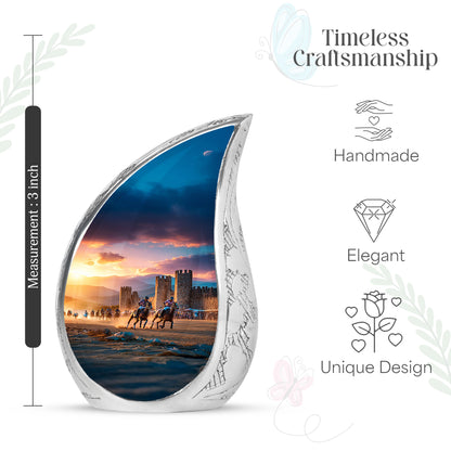 Ash Gray Horse Polo Cremation Urn angled view of lid and engraved motif - smooth teardrop contour featuring horse polo art - mini keepsake memorial for portion of cremation ashes