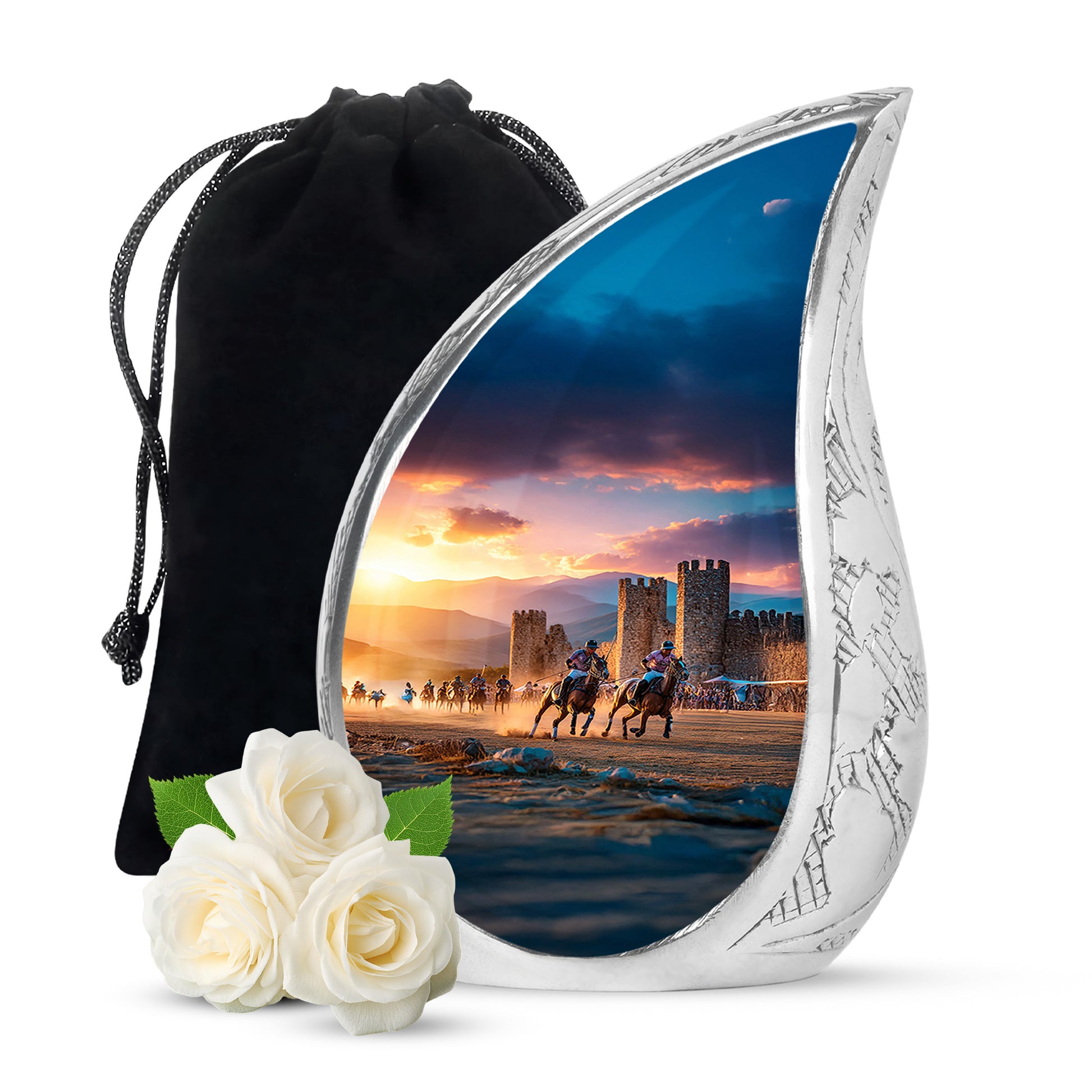 Dove Gray Horse Polo Cremation Urn front view showing detailed design - rounded teardrop horse polo design with delicate detail - full-size 10 inch 200 cubic inch adult cremation urn