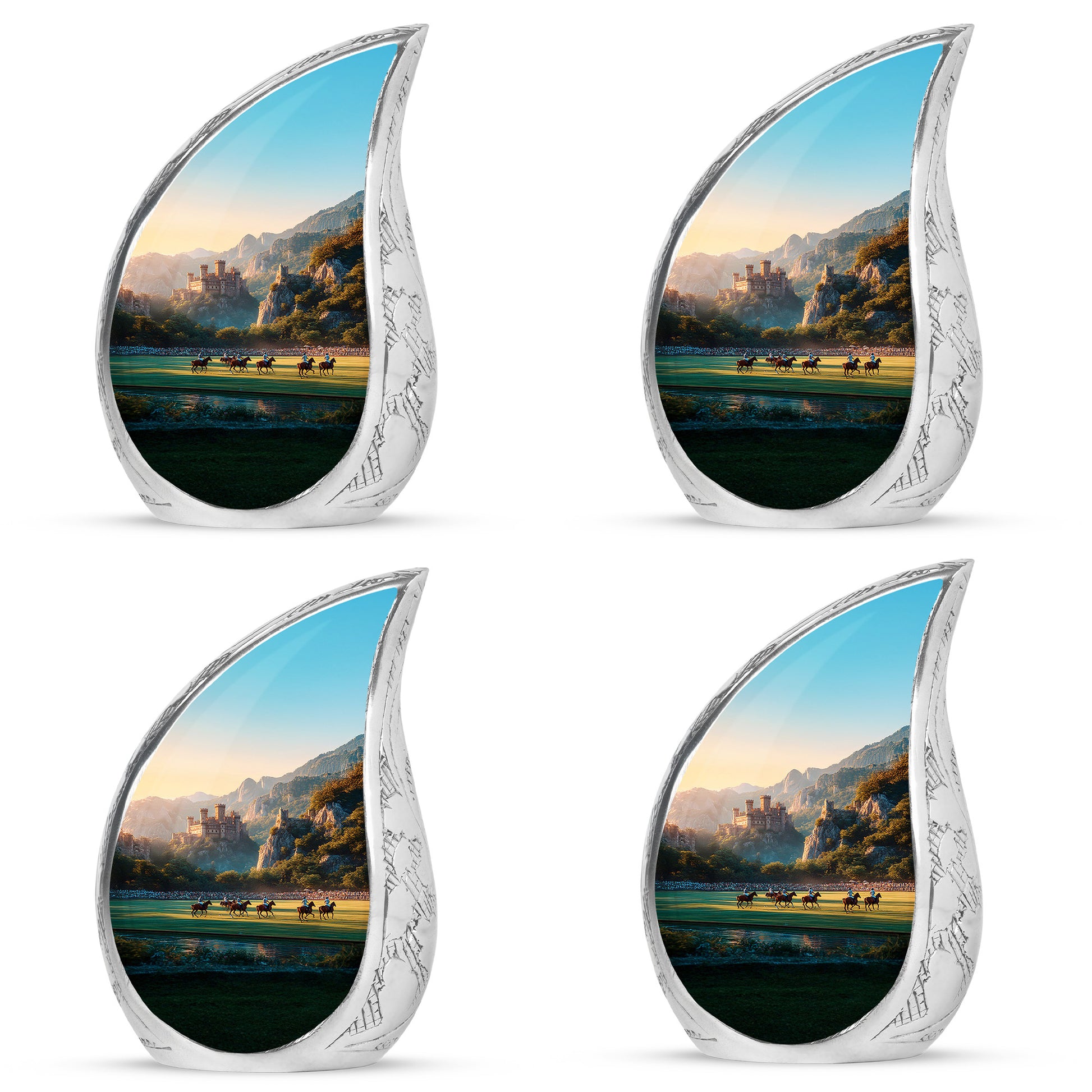 Warm Gold Horse Polo Cremation Urn close-up of engraving and surface detail - smooth teardrop contour featuring horse polo art - 10 inch aluminum urn for cremated remains