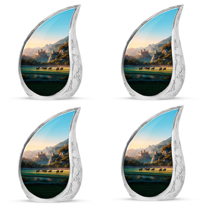 Warm Gold Horse Polo Cremation Urn close-up of engraving and surface detail - smooth teardrop contour featuring horse polo art - 10 inch aluminum urn for cremated remains