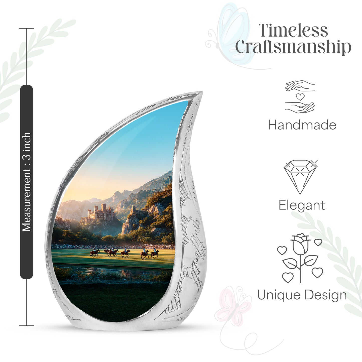 Harvest Gold Horse Polo Cremation Urn angled view of lid and engraved motif - graceful tear-shaped urn with horse polo motif - mini keepsake memorial for portion of cremation ashes