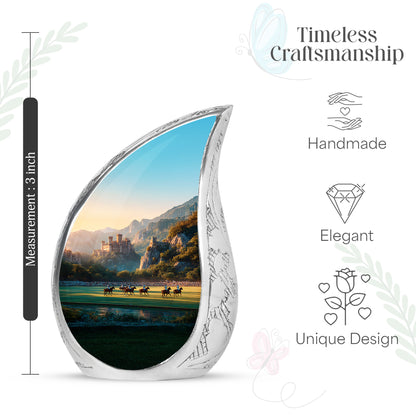 Harvest Gold Horse Polo Cremation Urn angled view of lid and engraved motif - graceful tear-shaped urn with horse polo motif - mini keepsake memorial for portion of cremation ashes