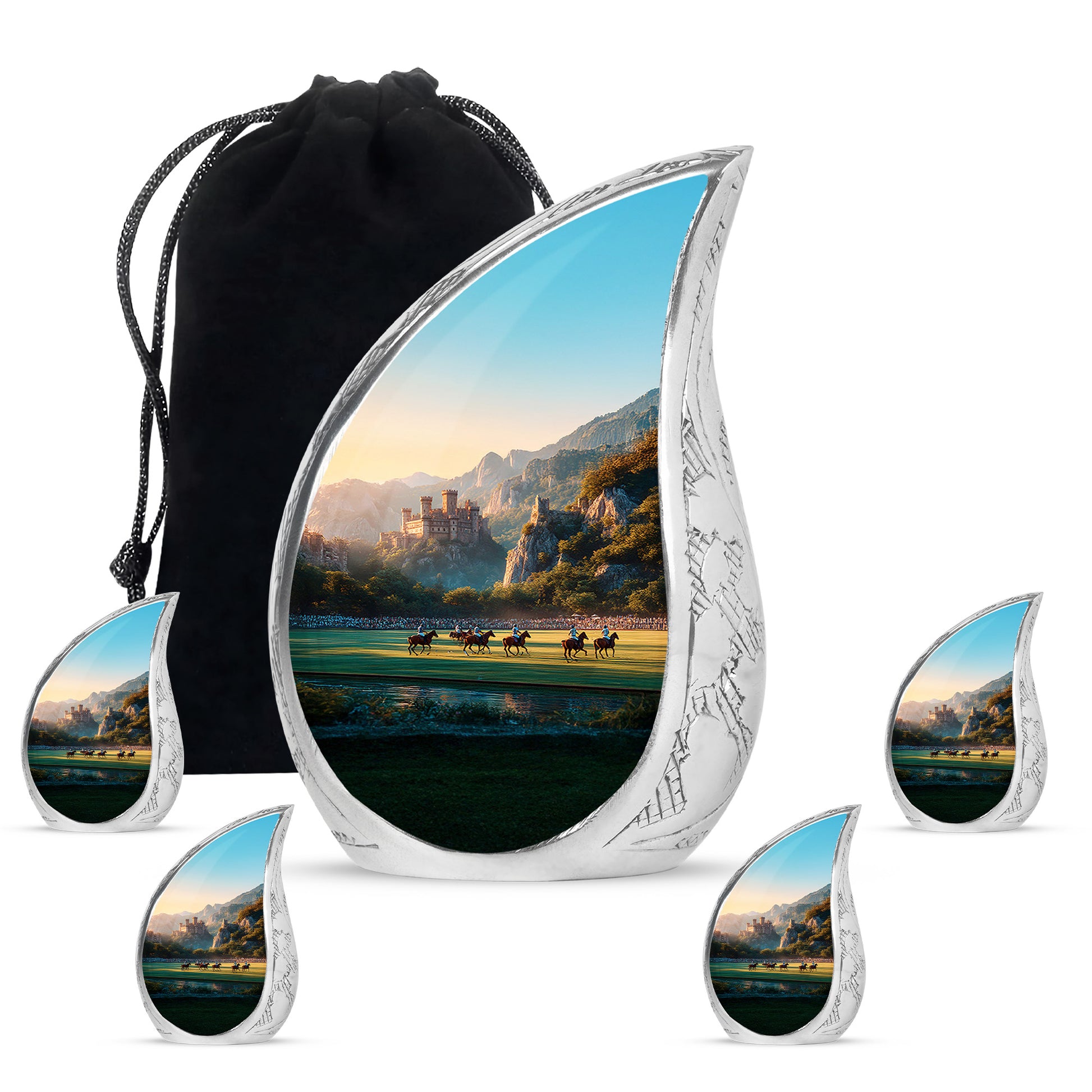 Sunrise Gold Horse Polo Cremation Urn side profile showing urn shape - rounded teardrop horse polo design with delicate detail - memorial set with one large and four small urns