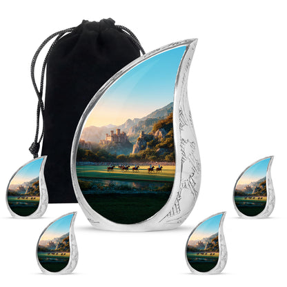 Sunrise Gold Horse Polo Cremation Urn side profile showing urn shape - rounded teardrop horse polo design with delicate detail - memorial set with one large and four small urns