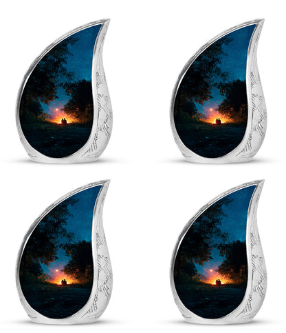 Jewel Teal Campfire Cremation Urn close-up of engraving and surface detail - rounded teardrop campfire design with delicate detail - 10 inch aluminum urn for cremated remains