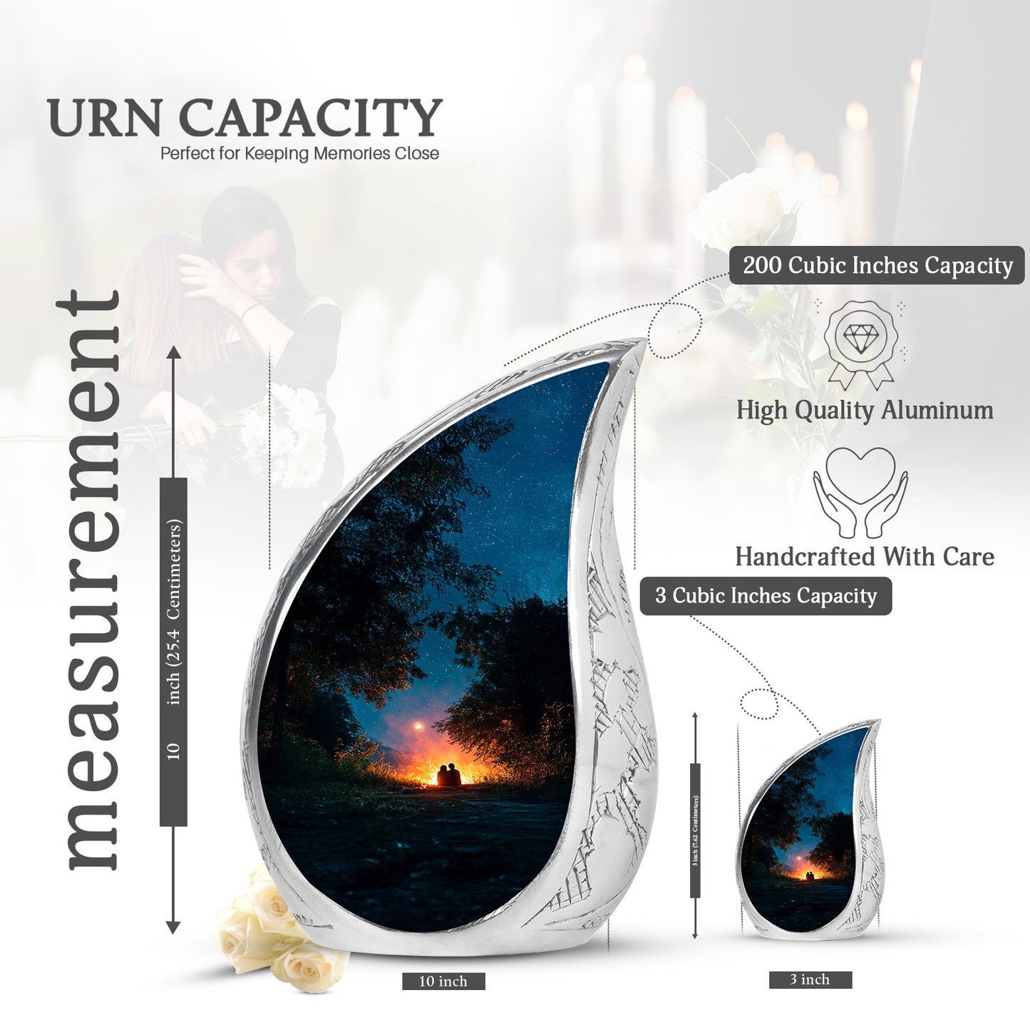 Cool Teal Campfire Cremation Urn angled view of lid and engraved motif - rounded teardrop campfire design with delicate detail - mini keepsake memorial for portion of cremation ashes