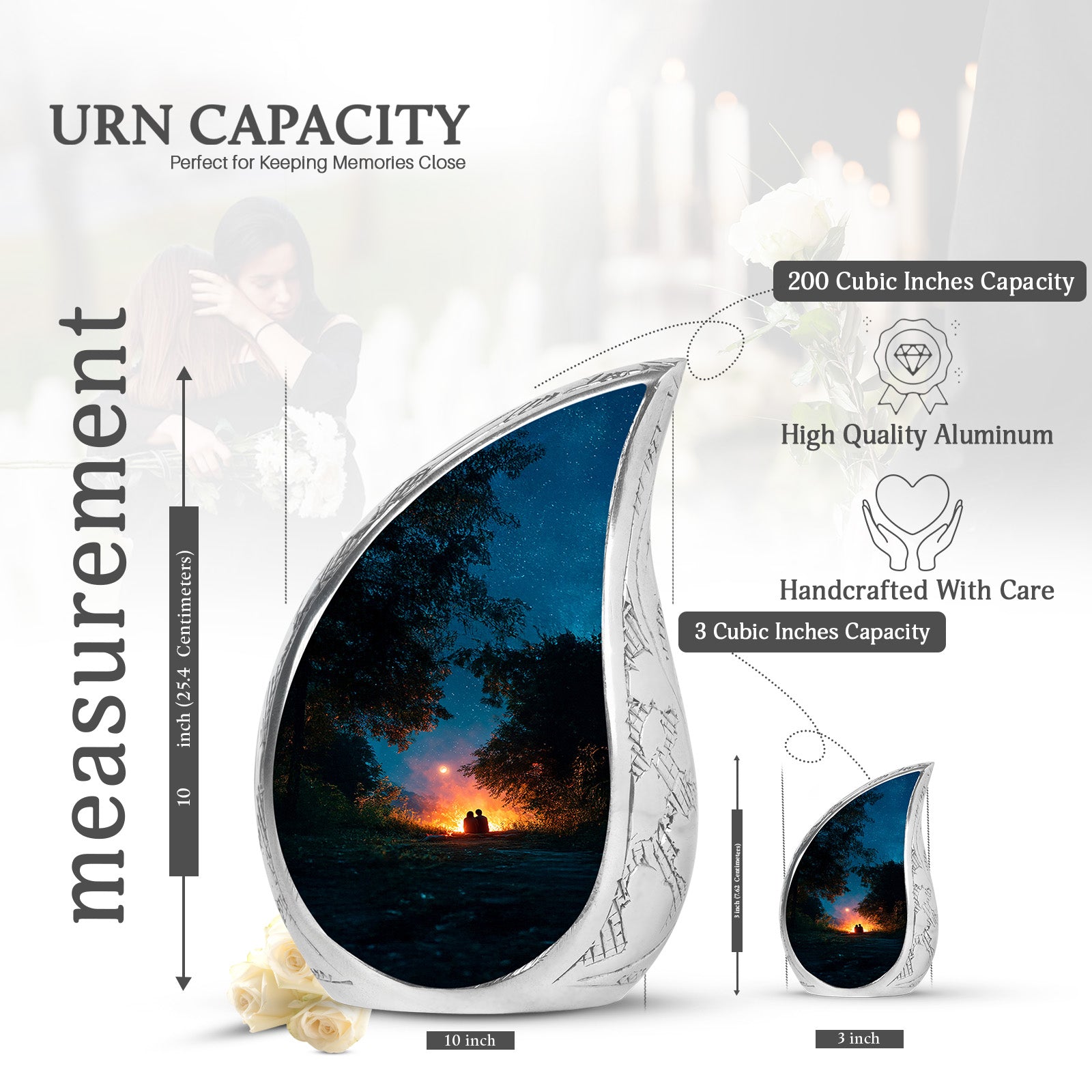 Cool Teal Campfire Cremation Urn angled view of lid and engraved motif - rounded teardrop campfire design with delicate detail - mini keepsake memorial for portion of cremation ashes