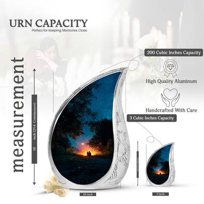 Cool Teal Campfire Cremation Urn angled view of lid and engraved motif - rounded teardrop campfire design with delicate detail - mini keepsake memorial for portion of cremation ashes