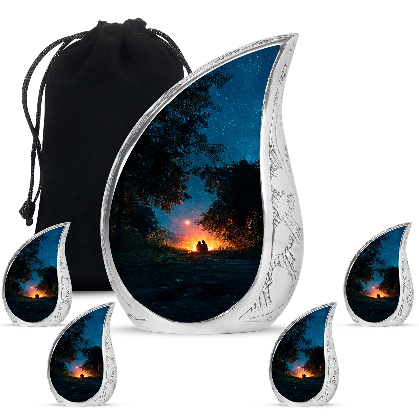 Deep Teal Campfire Cremation Urn side profile showing urn shape - graceful tear-shaped urn with campfire motif - memorial set with one large and four small urns