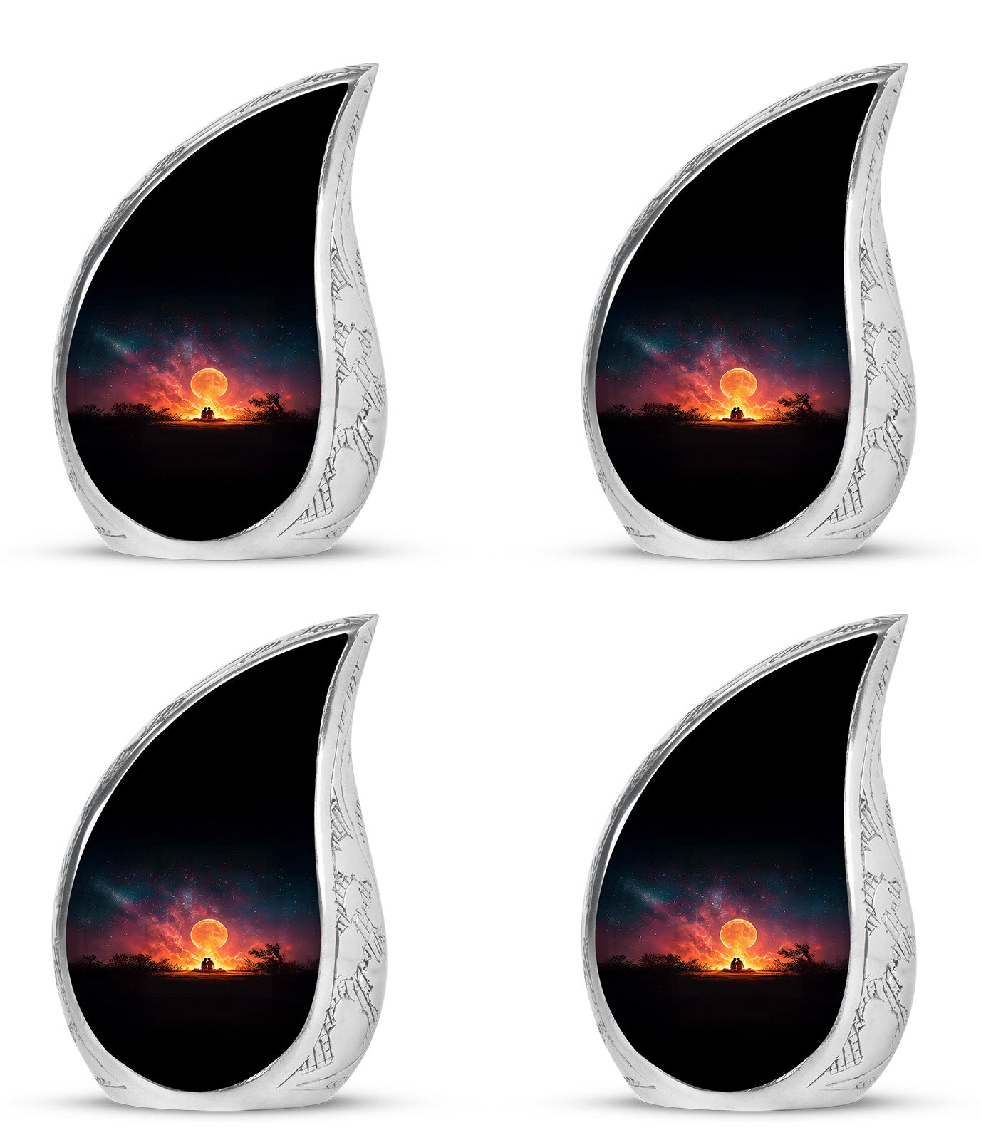 Rich Black Campfire Cremation Urn close-up of engraving and surface detail - rounded teardrop campfire design with delicate detail - 10 inch aluminum urn for cremated remains