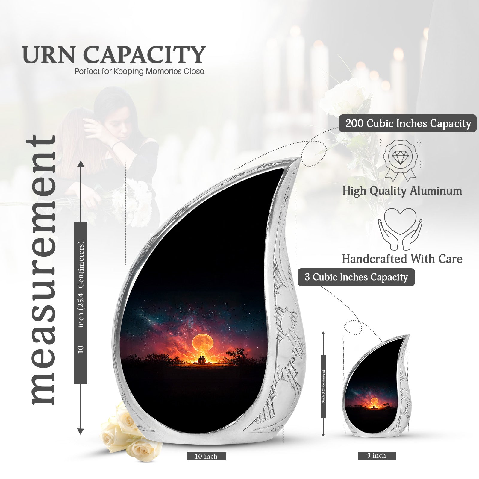 Midnight Black Campfire Cremation Urn angled view of lid and engraved motif - graceful tear-shaped urn with campfire motif - mini keepsake memorial for portion of cremation ashes