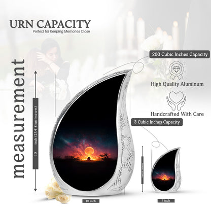 Midnight Black Campfire Cremation Urn angled view of lid and engraved motif - graceful tear-shaped urn with campfire motif - mini keepsake memorial for portion of cremation ashes