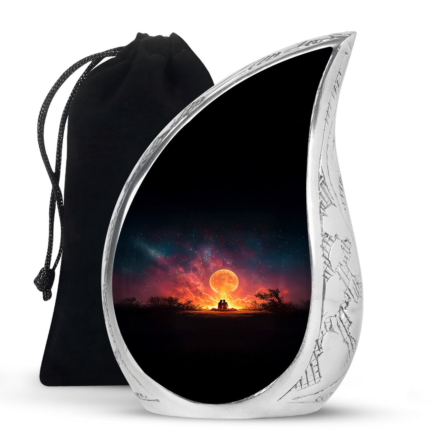 Obsidian Black Campfire Cremation Urn front view showing detailed design - smooth teardrop contour featuring campfire art - full-size 10 inch 200 cubic inch adult cremation urn