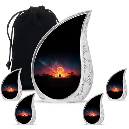 Ebony Campfire Cremation Urn side profile showing urn shape - rounded teardrop campfire design with delicate detail - memorial set with one large and four small urns