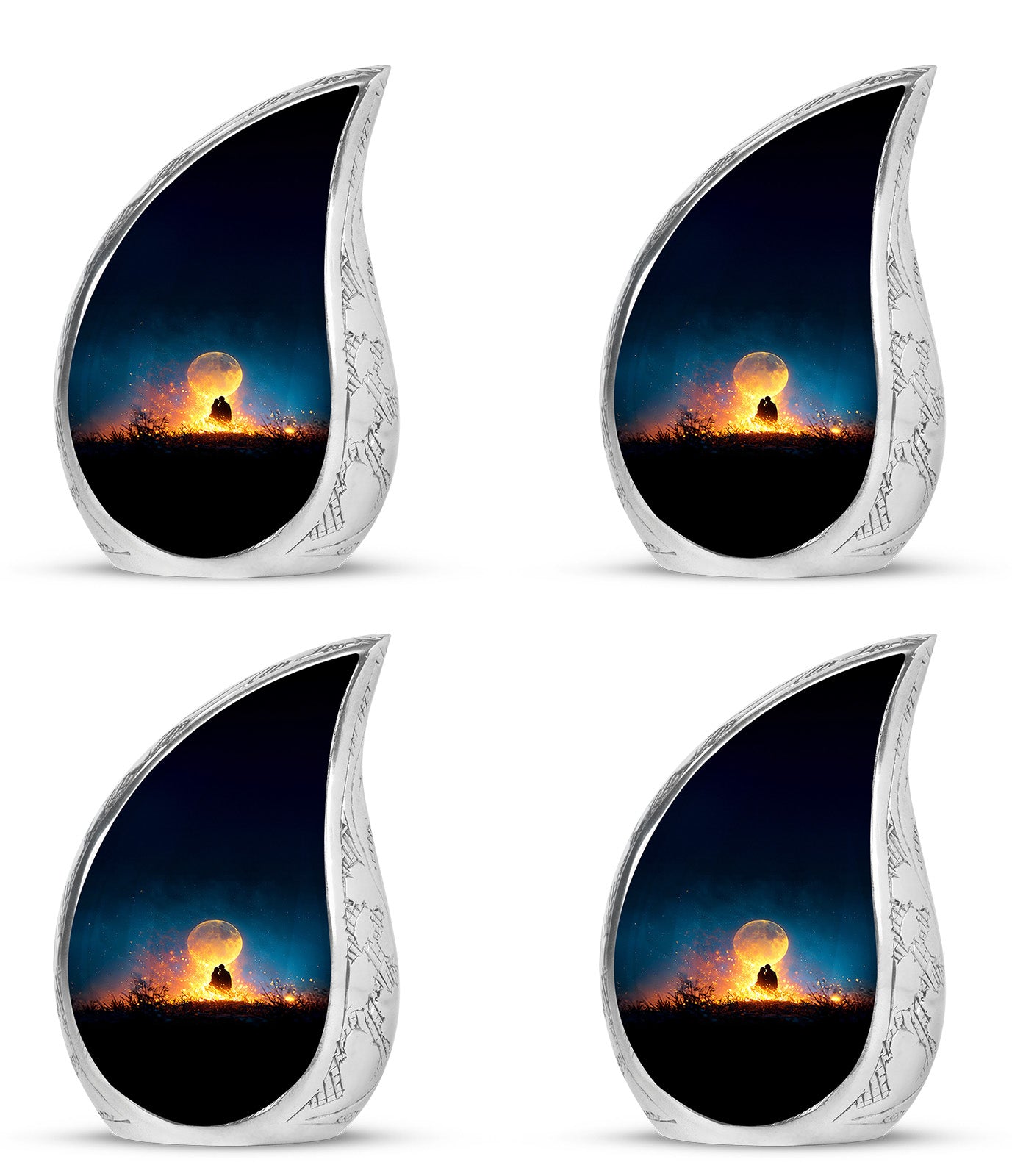 Cobalt Blue Campfire Cremation Urn close-up of engraving and surface detail - smooth teardrop contour featuring campfire art - 10 inch aluminum urn for cremated remains