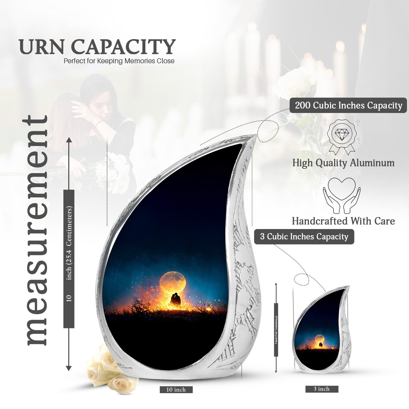 Calming Blue Campfire Cremation Urn angled view of lid and engraved motif - smooth teardrop contour featuring campfire art - mini keepsake memorial for portion of cremation ashes