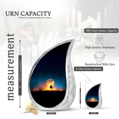 Calming Blue Campfire Cremation Urn angled view of lid and engraved motif - smooth teardrop contour featuring campfire art - mini keepsake memorial for portion of cremation ashes