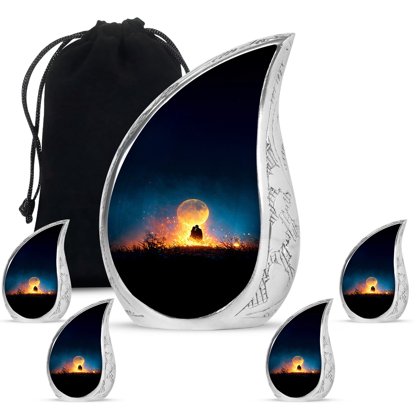 Calming Blue Campfire Cremation Urn side profile showing urn shape - graceful tear-shaped urn with campfire motif - memorial set with one large and four small urns
