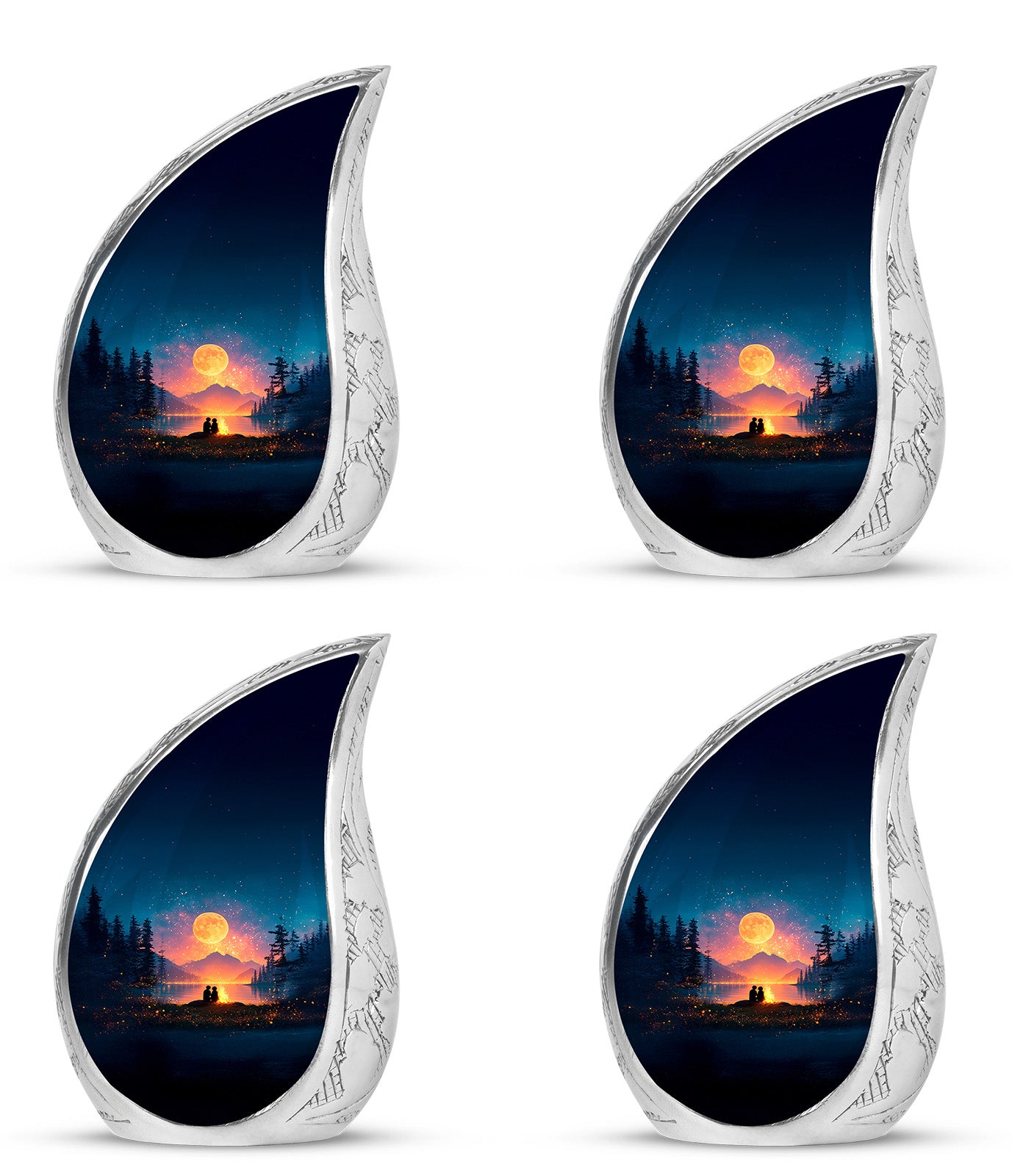Slate Blue Campfire Cremation Urn close-up of engraving and surface detail - rounded teardrop campfire design with delicate detail - 10 inch aluminum urn for cremated remains