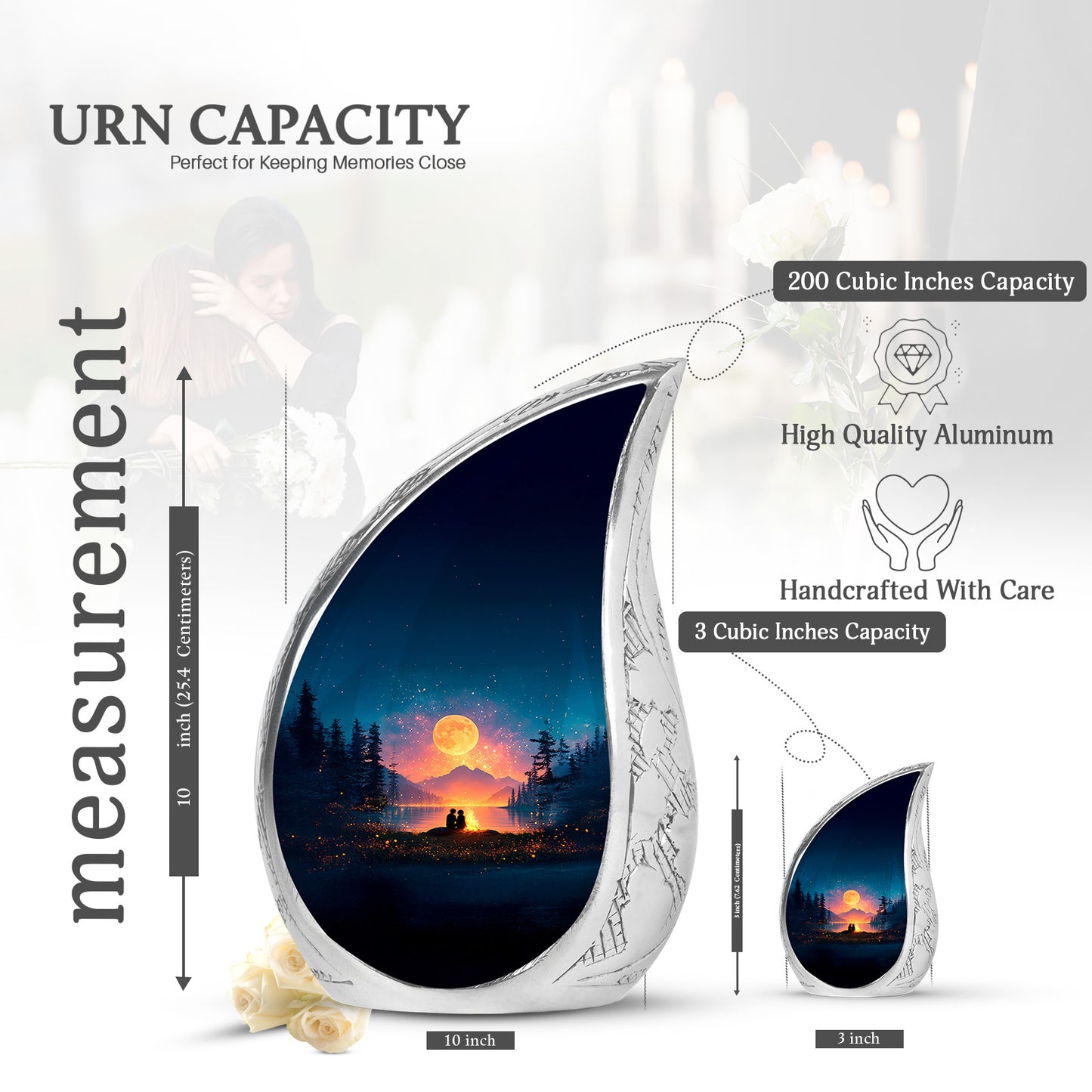 Indigo Campfire Cremation Urn angled view of lid and engraved motif - flowing teardrop campfire silhouette on curved aluminum - mini keepsake memorial for portion of cremation ashes
