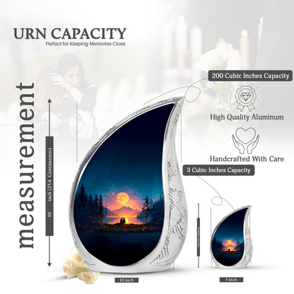 Indigo Campfire Cremation Urn angled view of lid and engraved motif - flowing teardrop campfire silhouette on curved aluminum - mini keepsake memorial for portion of cremation ashes