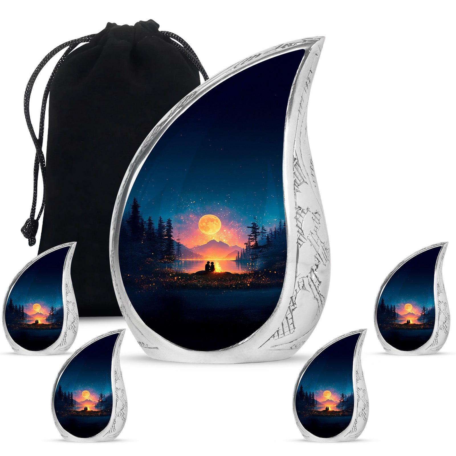 Icy Blue Campfire Cremation Urn side profile showing urn shape - flowing teardrop campfire silhouette on curved aluminum - memorial set with one large and four small urns