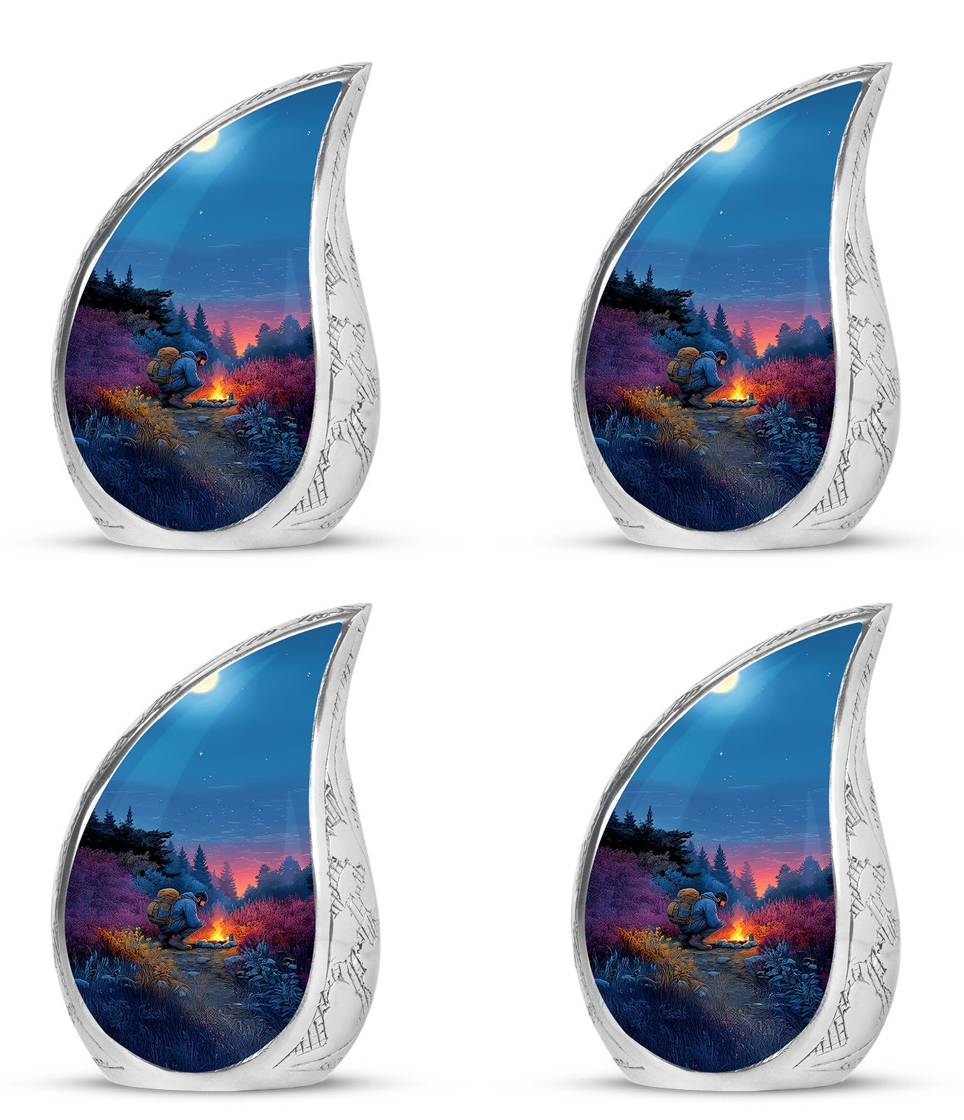 Bright Blue Campfire Cremation Urn close-up of engraving and surface detail - graceful tear-shaped urn with campfire motif - 10 inch aluminum urn for cremated remains
